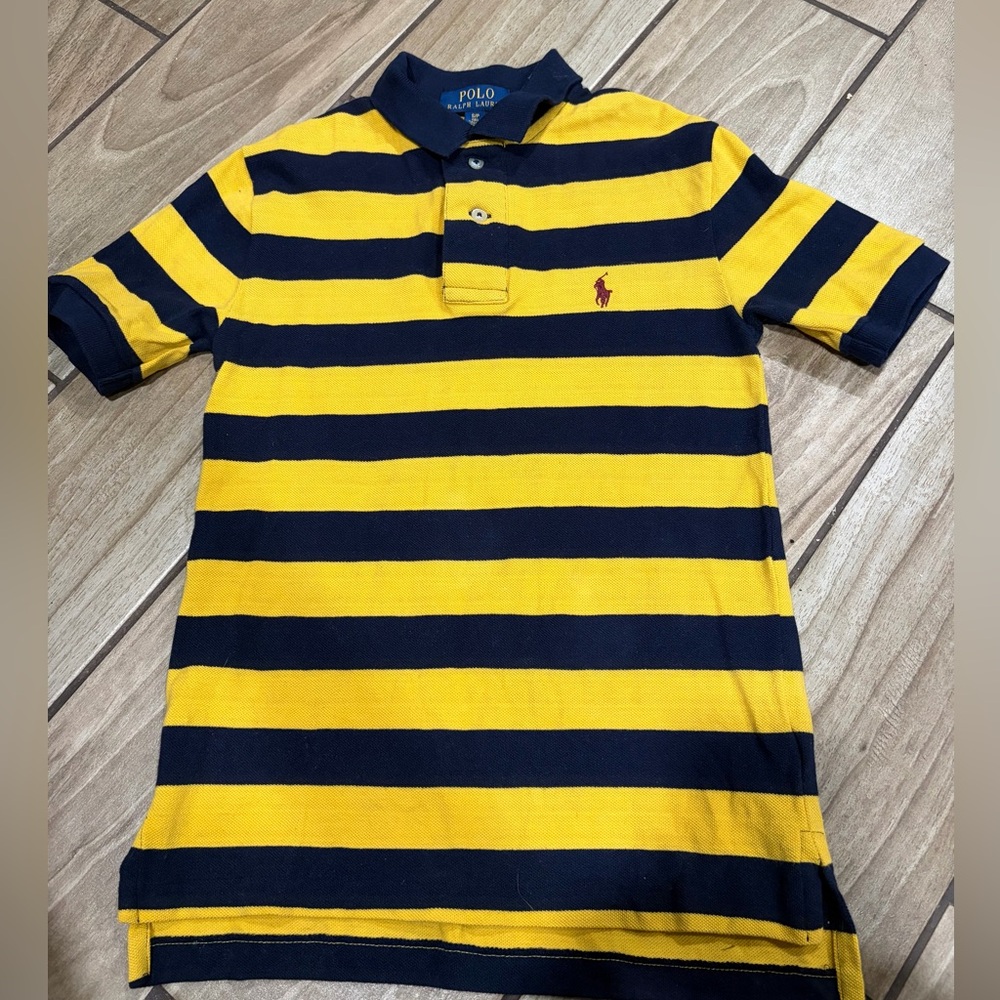 Boys Polo Ralph Lauren yellow& navyblue striped polo shirt size 8 Good Condition